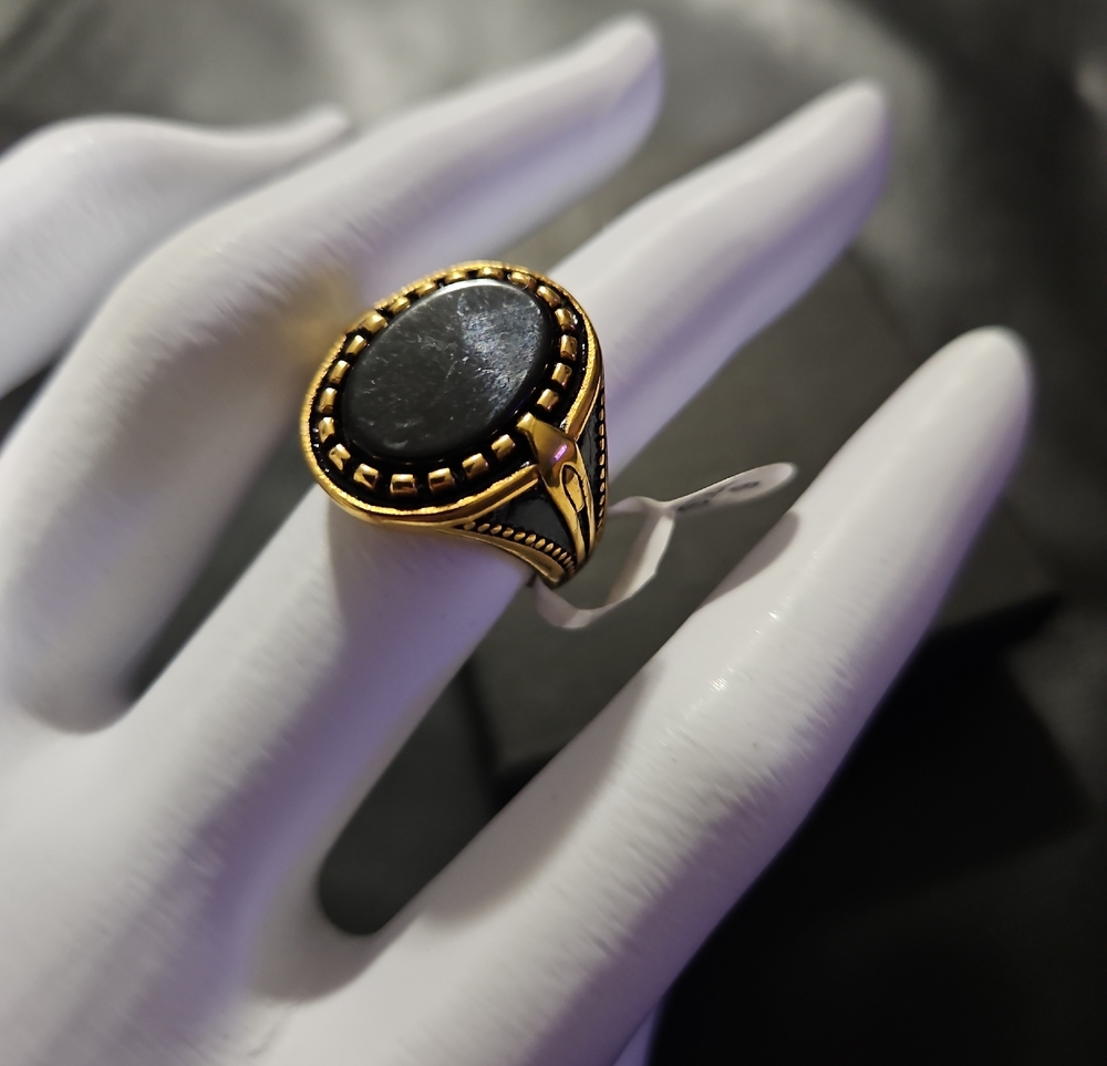 Gold-Tone Black Stone Men’s Signet Ring